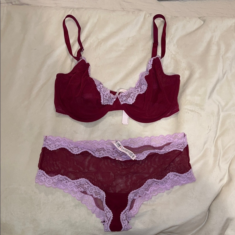 VS Sheer Lace Trim Burgundy and Lavender Bra & Panty Set